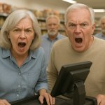 Couple in a supermarket angry at the Trump economy meme