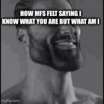 Or saying im not a mirror | How mfs felt saying I know what you are but what am i | image tagged in gifs,giga chad | made w/ Imgflip video-to-gif maker