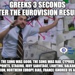 greeks after eurovision | Greeks 3 seconds after the Eurovision results; The Song Was Good, the song was bad, Cyprus points, staging, jury sabotage, lighting, Balkan Suspicion, Northern Europe Bias, France Ignored Us Again?? | image tagged in charlie conspiracy always sunny in philidelphia | made w/ Imgflip meme maker