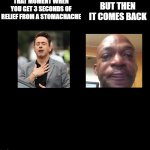 this is one of the worst feelings ever. | That moment when you get 3 seconds of relief from a stomachache; BUt then it comes back | image tagged in memes,relieved rdj,black guy crying,sick | made w/ Imgflip meme maker