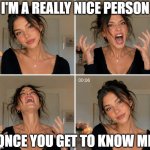 I'm a nice person | I'm a really nice person; once you get to know me | image tagged in it's fine i'm fine | made w/ Imgflip meme maker