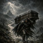 A nobel warrior struggling to carry a coffin down a long winding
