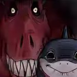 Devil dinosaur behind Jeff the shark