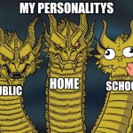 Three-headed Dragon | my personalitys; home; school; public | image tagged in three-headed dragon,hehehe | made w/ Imgflip meme maker
