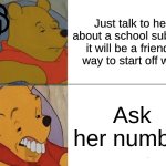 P.O.V. you just started having a crush on a girl | Just talk to her about a school subject, it will be a friendly way to start off with; Ask her number | image tagged in memes,school,funny,imgflip,oh wow are you actually reading these tags,winnie the pooh | made w/ Imgflip meme maker