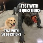 Uh oh | Test with 3 questions; Test with 50 questions | image tagged in dog vs werewolf,memes,school,test | made w/ Imgflip meme maker