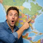 Someone pointing to a map of America looking suprised