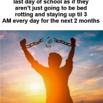 me fr | how people act on the last day of school as if they aren't just going to be bed rotting and staying up til 3 AM every day for the next 2 months | image tagged in man breaking free from chains over the sunset,memes,fun,0,icycap0717 | made w/ Imgflip meme maker