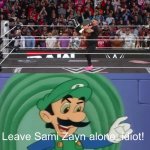 Mama Luigi wants Sami Zayn to be left alone | Leave Sami Zayn alone, idiot! | image tagged in sami zayn,wwe,mama luigi,luigi,mario | made w/ Imgflip meme maker
