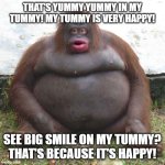 le monke | THAT'S YUMMY YUMMY IN MY TUMMY! MY TUMMY IS VERY HAPPY! SEE BIG SMILE ON MY TUMMY? THAT'S BECAUSE IT'S HAPPY! | image tagged in le monke,remix | made w/ Imgflip meme maker