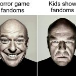 crazy how that works | Kids show
fandoms; Horror game
fandoms | image tagged in guy smiling then frowning,irony | made w/ Imgflip meme maker
