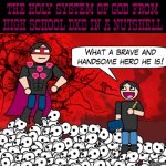 The narrative justifies it which makes it a karma Houdini, a designated hero and it’s implied to be the creator’s pet | The holy system of god from high school dxd in a nutshell | image tagged in terrible writing advice - designated hero,highschool dxd,dxd,anime,evil | made w/ Imgflip meme maker