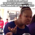 like why? | jokes aside, why cant you upvote or downvote your own comment, but you can flag it? | image tagged in memes,black girl wat | made w/ Imgflip meme maker