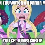 Polly Pocket runs away from The Grinch | When you watch a horror movie; You get jumpscared! | image tagged in polly pocket runs away from the grinch | made w/ Imgflip meme maker