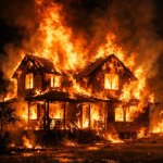 A picture of a house completely engulfed in massive flames, or a