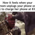 Title⁶⁴ | How it feels when your mom unplugs your phone on 5% to charge her phone at 83%: | image tagged in gifs,funny,meme,memes,funny meme,relatable | made w/ Imgflip video-to-gif maker
