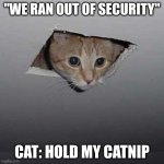 Ceiling Cat | "we ran out of security"; cat: hold my catnip | image tagged in memes,ceiling cat,cats,humor | made w/ Imgflip meme maker