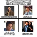 Frenchie’s actor is a HORRIBLE person. | The “good characters played by bad people” starter pack; Jerry Seinfeld; Frenchie (Tomer Capone); John Bennett (Mark Walhberg); Lee (Jackie Chan) | image tagged in memes,blank starter pack | made w/ Imgflip meme maker