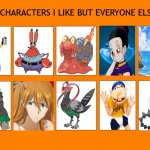 top 10 characters i like but everyone else hates | top 10 characters i like but everyone else hates | image tagged in top 10 characters i like but everyone else hates,top 10,pokemon,neon genesis evangelion,spongebob,despicable me | made w/ Imgflip meme maker