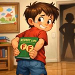 A boy hiding his bad report book
