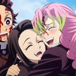 Kanroji Mitsuri hugs both Kamado Nezuko and Kamado Tanjiro