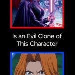 mara jade is an evil clone of rangiku | image tagged in evil ariel is an evil clone of ariel,bleach,anime,star wars,crossover memes,rangiku | made w/ Imgflip meme maker