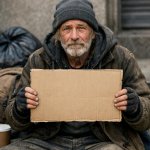 homeless man holding a sign