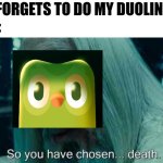 Spanish or Vanish | Me: forgets to do my Duolingo 

Duo: | image tagged in so you have chosen death,duolingo,funny,memes,relatable | made w/ Imgflip meme maker