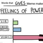 Words that give Meme Makers feelings of power | Meme makers; Words that; When; One does not simply; Everyone | image tagged in what gives people feelings of power,memes | made w/ Imgflip meme maker