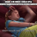 Don't Touch me I'm famous | Grade 4 me when i could spell pneumonoultramicroscopicsilicovolcanoconiosis | image tagged in don't touch me i'm famous | made w/ Imgflip meme maker