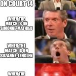 Roland Garros | When the match is on court 14; when the match is on Simonne-Mathieu; when the match is on Suzanne-Lenglen; when the match is on Philippe-Chatrier | image tagged in mr mcmahon reaction | made w/ Imgflip meme maker
