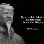 Son tzu american version | If you wish to defeat me,
Eat Mcdonalds for another 100 years; Mehmet | image tagged in don tzu | made w/ Imgflip meme maker