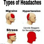 Types of Headaches meme | Upvote Beggars for the entire page | image tagged in types of headaches meme,upvote,upvote begging,upvote beggars,funny memes,funny | made w/ Imgflip meme maker