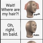 Panik Kalm Panik | Wait! Where are my hair?! Oh, right. Im bald. Those arent my hands! | image tagged in memes,panik kalm panik | made w/ Imgflip meme maker