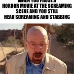 Oh No!! | when you pause a horror movie at the screaming scene and you still hear screaming and stabbing | image tagged in walter white,screaming,horror movie,pause,scene | made w/ Imgflip meme maker