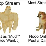 2 post a Day is "Too Little" | Aicp Stream; Most Streams; Post as "Much" As You Want. :); Nooo Only 2 Post a Day!!! | image tagged in memes,buff doge vs cheems,funny,aicp,stream | made w/ Imgflip meme maker
