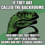 Backrooms makes no sense | If they are called the backrooms; Then why are they mostly just empty old school rooms and not storage rooms? | image tagged in memes,philosoraptor,backrooms | made w/ Imgflip meme maker