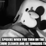 Something Clever! | Spiders when you turn on the vacuum cleaner and go towards them | image tagged in gifs,oh wow are you actually reading these tags,mickey mouse,imgflip,funny,memes | made w/ Imgflip video-to-gif maker