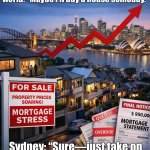 Me trying to save for a house in Sydney; Sydney’s debt levels: "Best I can do is another loan" | Meanwhile in the rest of the world: “Maybe I’ll buy a house someday.”; Sydney: “Sure—just take on a small nation’s worth of debt.” | image tagged in sydney s extraordinarily high debt levels,sydney,debt,meanwhile in australia,lifestyle,subscribe | made w/ Imgflip meme maker