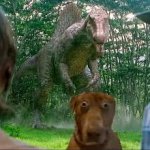 Scared Dog with Dinosaur Behind