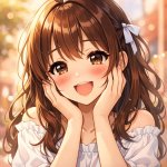 a anime pretty girl is happy and blushing