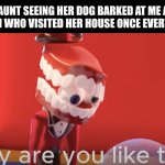 Caine why are you like this | My aunt seeing her dog barked at me and my mom who visited her house once every week: | image tagged in memes,aunt,doggo | made w/ Imgflip meme maker