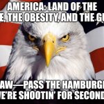 Freedom Eagle | AMERICA: LAND OF THE FREE, THE OBESITY, AND THE GUNS; YEHAW—PASS THE HAMBURGERS, WE’RE SHOOTIN’ FOR SECONDS | image tagged in freedom eagle | made w/ Imgflip meme maker