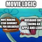 Image Title | movie logic; husband only taking an apple and leaving; wife making 5 star gourmet meal for breakfast | image tagged in squidward bite | made w/ Imgflip meme maker