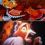 Rocko, Heffer and Bev as devils scare that poor goat kid | image tagged in will harris scared at what,rocko's modern life,nightmare fuel,nickelodeon | made w/ Imgflip meme maker
