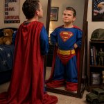 Baby Pete Hegseth poses as Superman. Man masculinity warrior meme