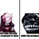 I remaked the first meme in 1921 | How you actually look; How you think you look when a flashlight is taken | image tagged in square divided in half,first meme | made w/ Imgflip meme maker