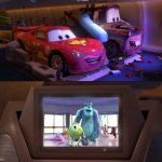 Lightning McQueen and Tow Mater watching Monsters, Inc. (2001) | image tagged in pixar,cars,monsters inc,deviantart,crossover,memes | made w/ Imgflip meme maker