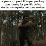 Title⁸⁶ | When you're watching the 2nd Minecraft movie and Steve starts talking bout' some "these golden apples are top notch" so you genuinely start running for your life before the theater explodes and turns to dust: | image tagged in gifs,funny,meme,memes,funny meme,relatable | made w/ Imgflip video-to-gif maker