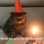 Would you go to his birthday party? | Would you go to his birthday party? No; Yes | image tagged in cat birthday | made w/ Imgflip meme maker